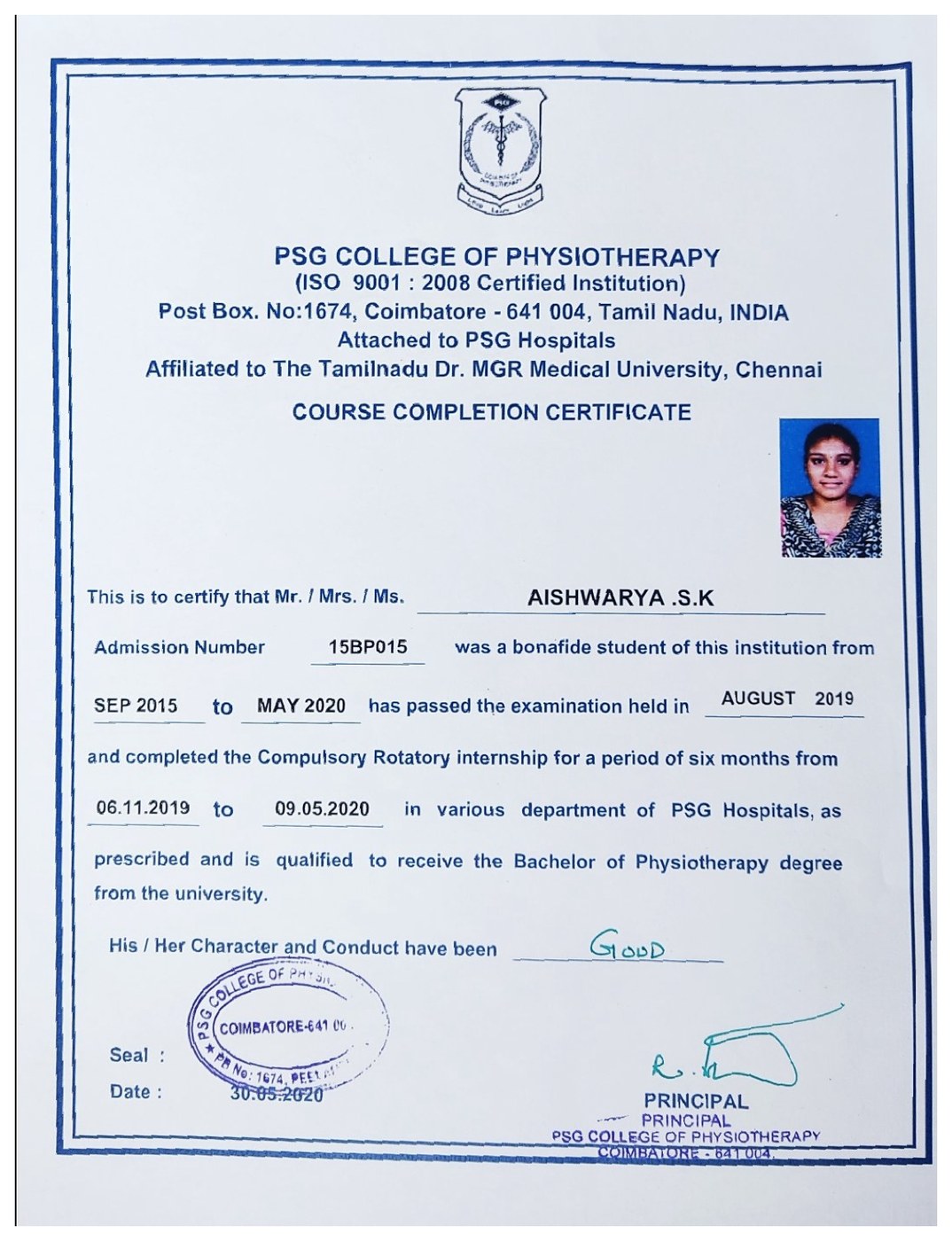 PSG College of Physiotherapy course completion certificate