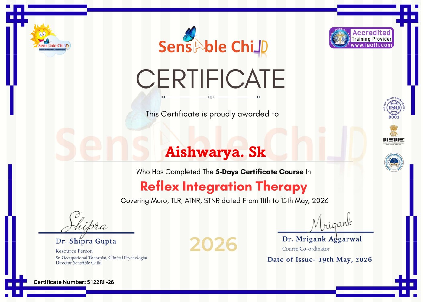 Reflex Integration Therapy certificate