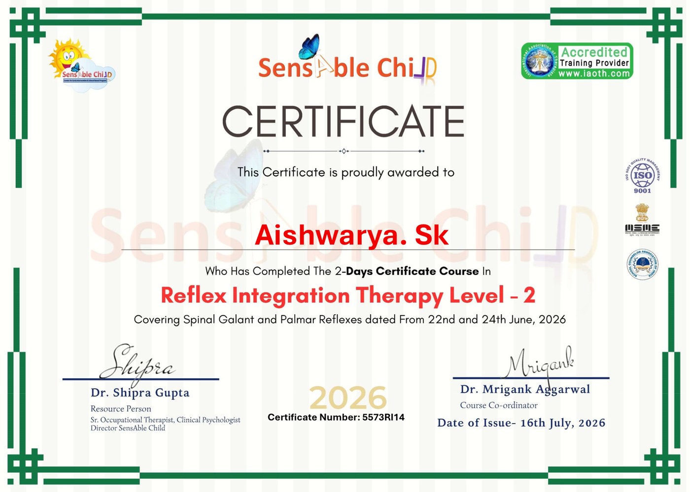 Reflex Integration Therapy Level 2 certificate
