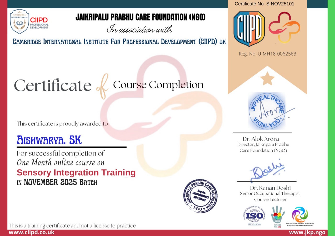 Sensory Integration Training certificate, CIIPD UK
