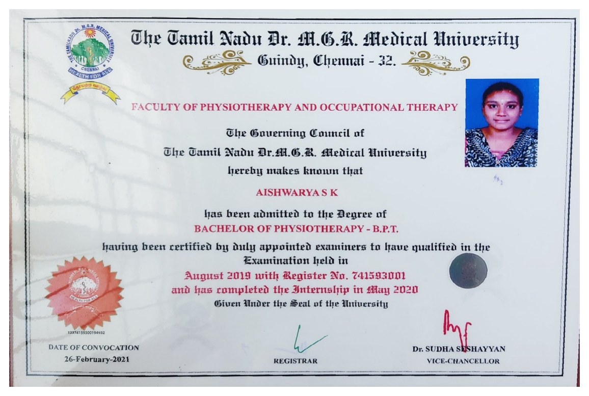 Bachelor of Physiotherapy degree certificate